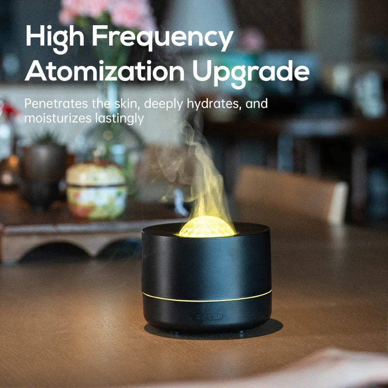 Black high-frequency atomization device on a wooden surface with text about its benefits.