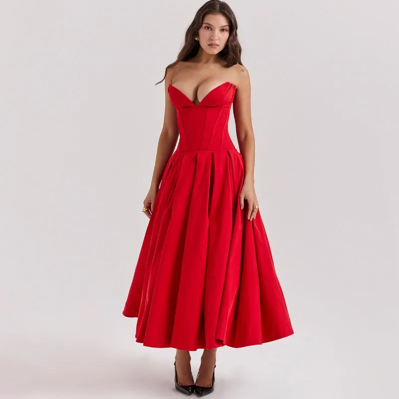 Strapless Corset Midi Dress - Cottagecore Style (Colorful)