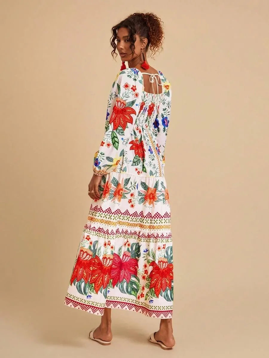 Floral Print V-Neck Maxi Dress - Long Sleeve Empire Waist