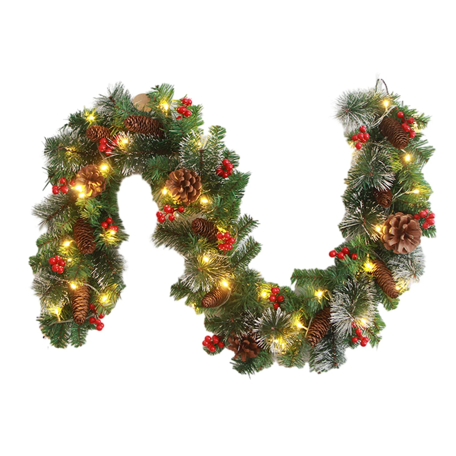 Decorative Christmas wreath with lights, pine cones, and red berries on a white background