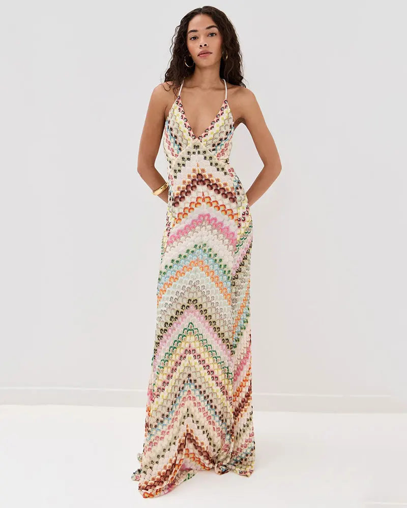 Crochet Halter Maxi Dress - V-Neck Backless Knit Dress