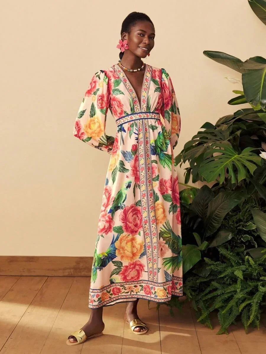 Bohemian Lantern Sleeve Midi Dress - V-Neck Loose Fit Dress