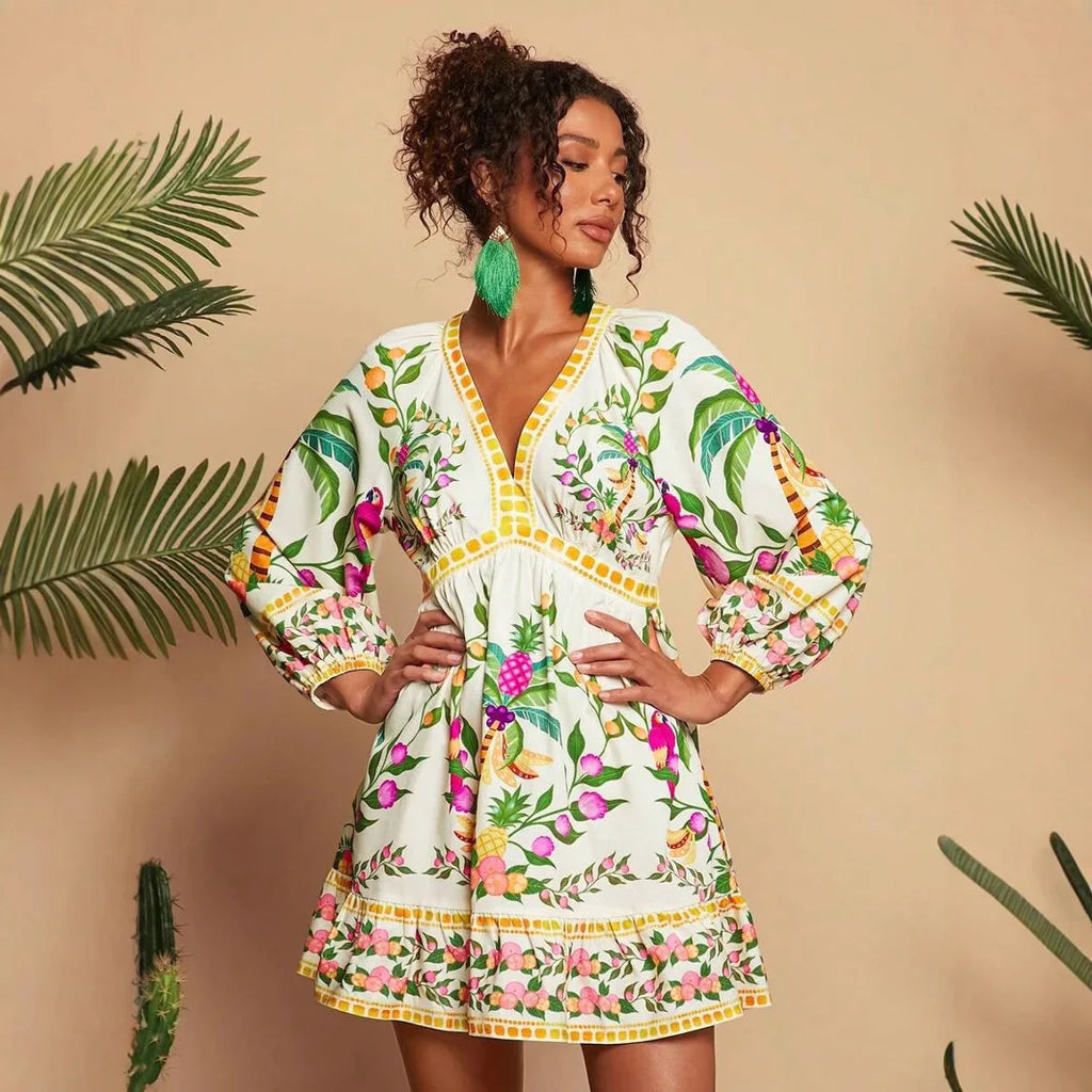Floral Print V-Neck Midi Dress - 3/4 Sleeve High Waist Boho