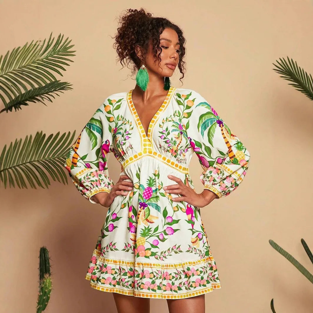 Floral Print V-Neck Midi Dress - 3/4 Sleeve High Waist Boho