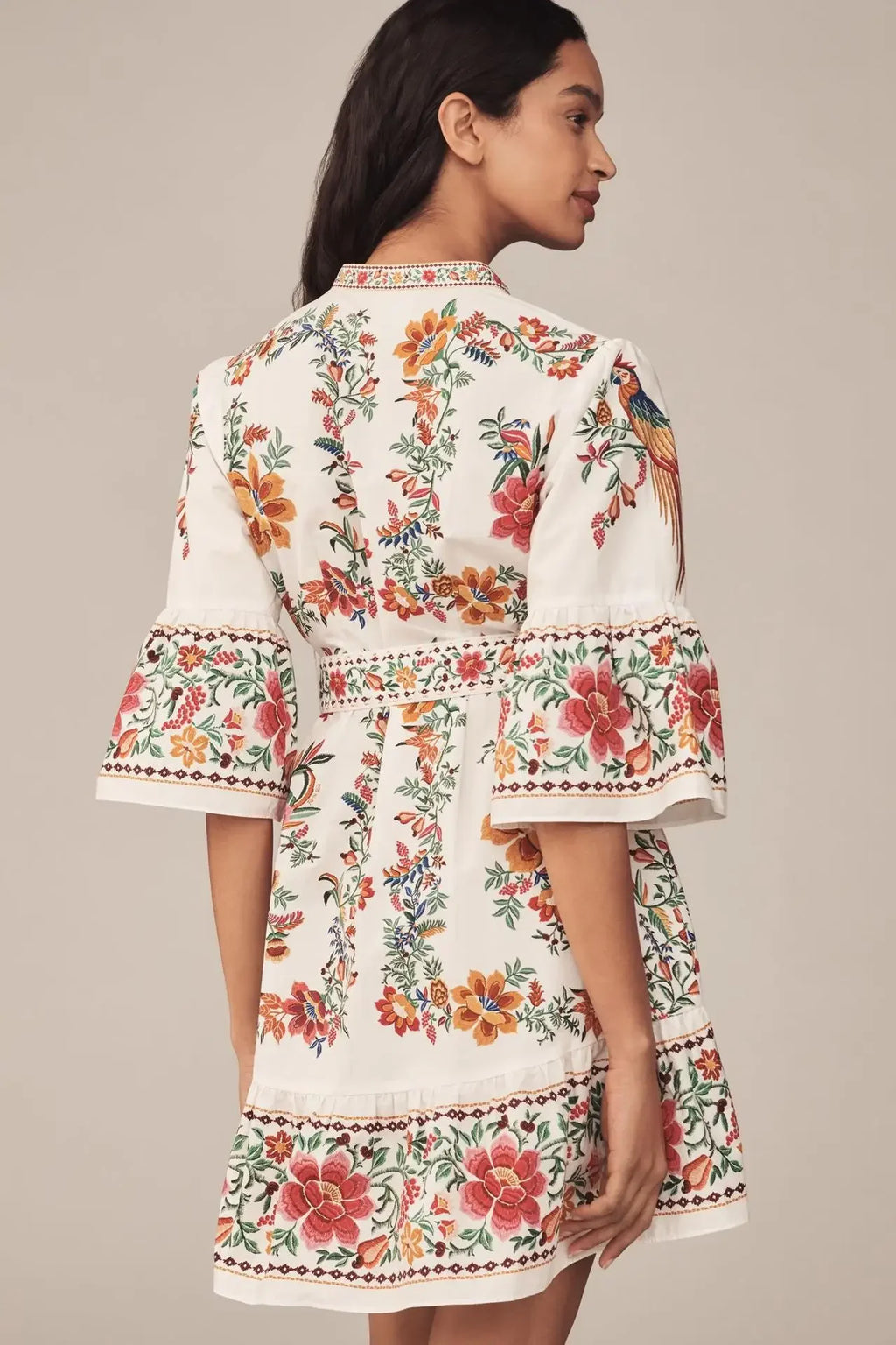 Floral Print V-Neck Linen Maxi Dress - Lantern Sleeve Waist-Cinching