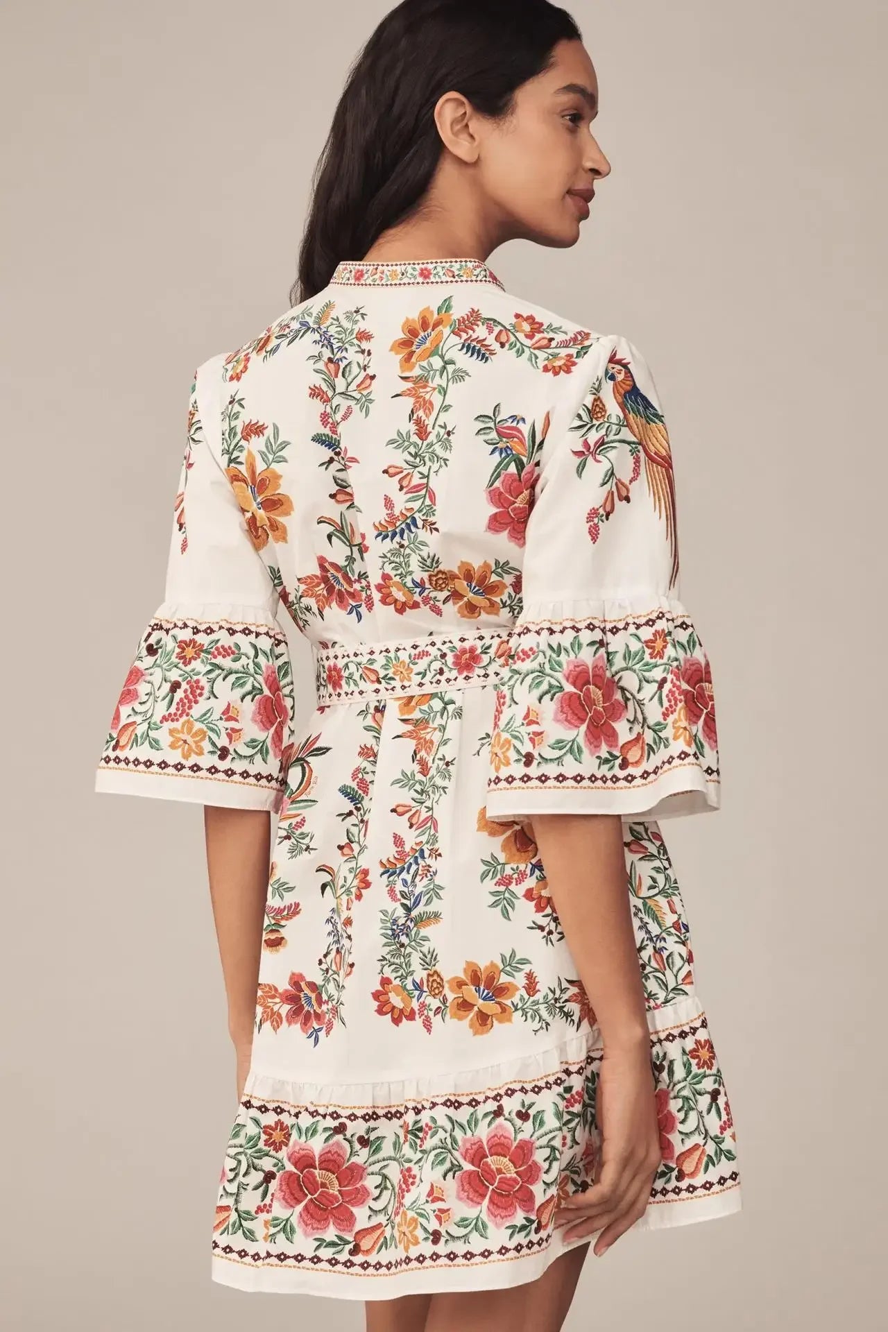 Floral Print V-Neck Linen Maxi Dress - Lantern Sleeve Waist-Cinching