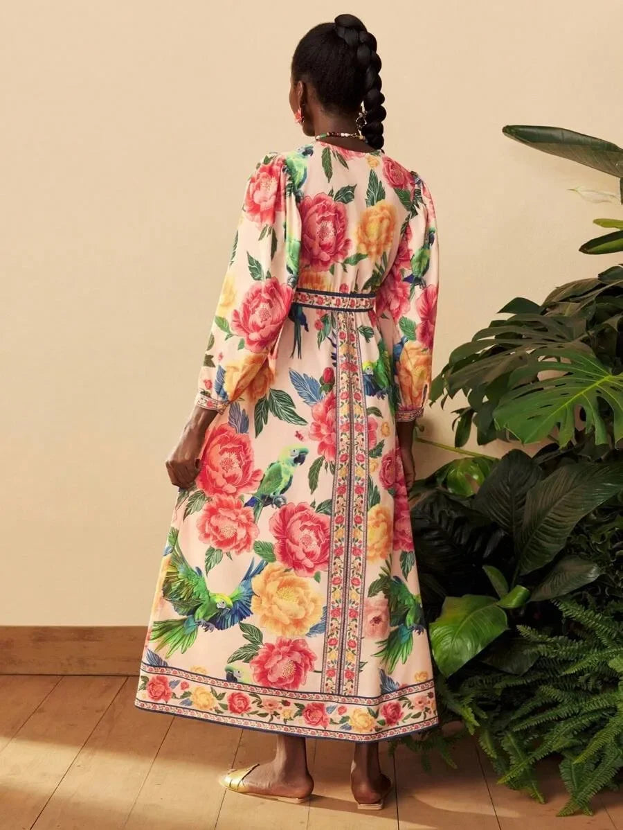 Bohemian Lantern Sleeve Midi Dress - V-Neck Loose Fit Dress