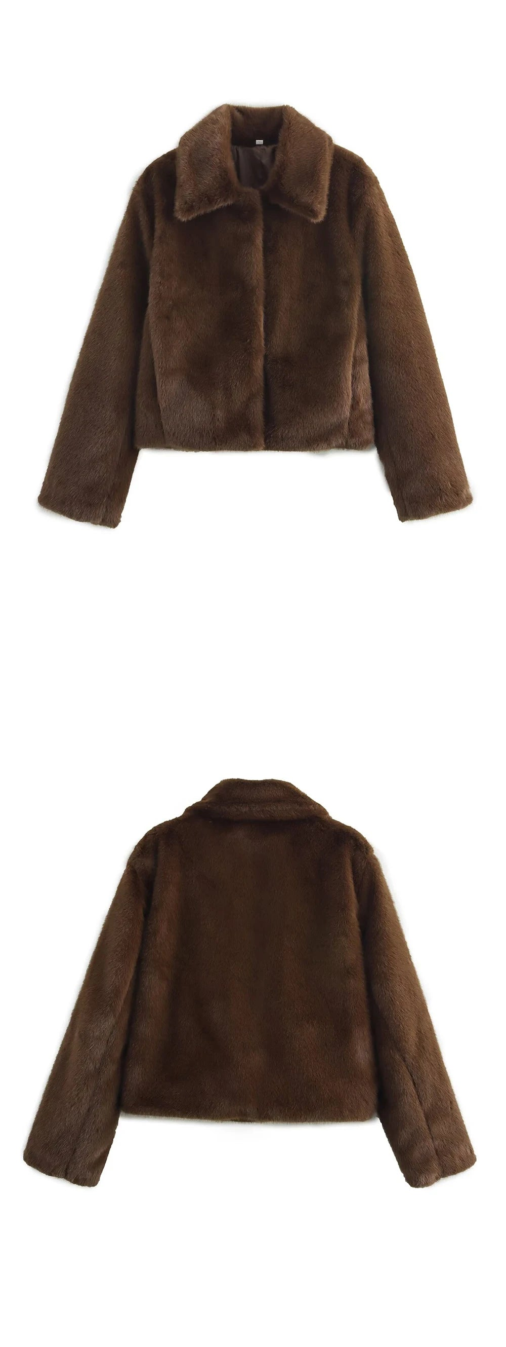 Brown fur jacket shown from front and back on a white background
