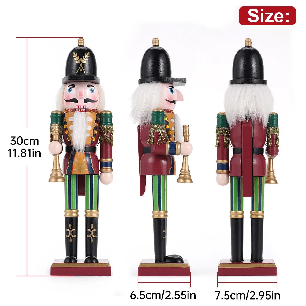 Three nutcracker figurines with measurements on a white background