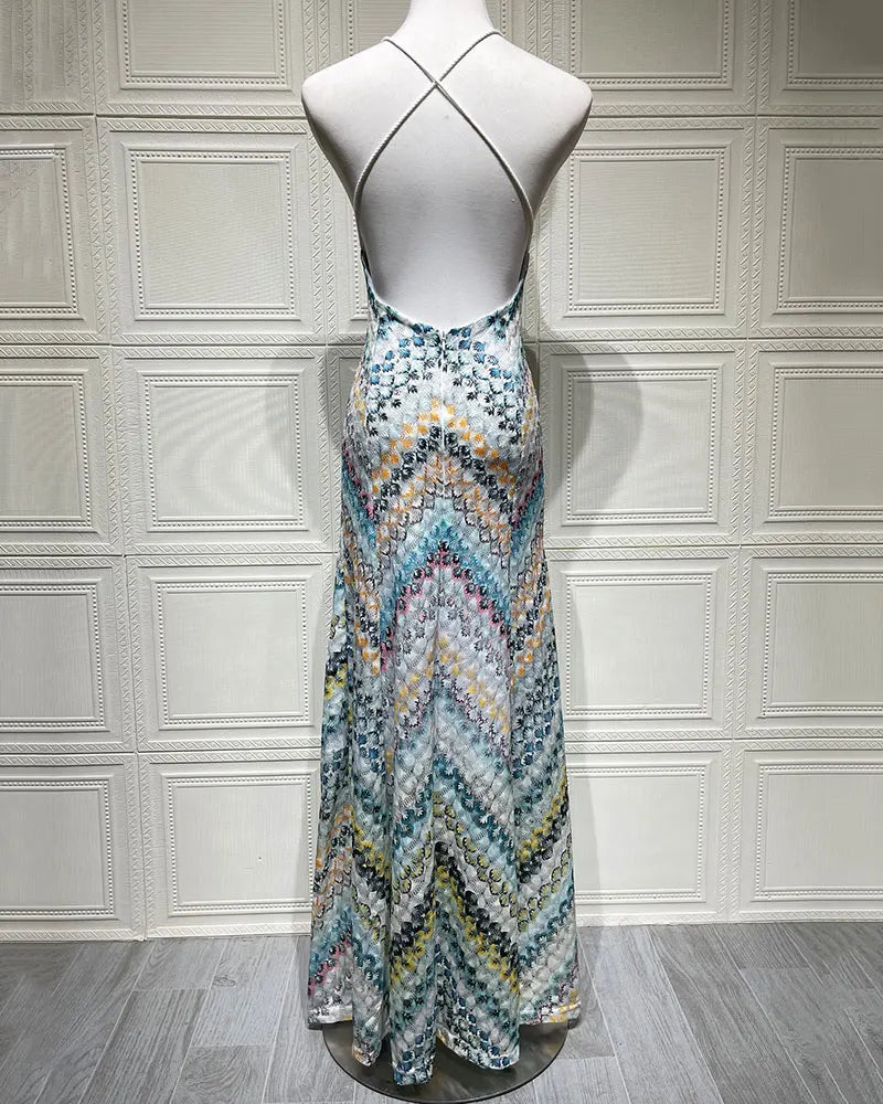 Crochet Halter Maxi Dress - V-Neck Backless Knit Dress