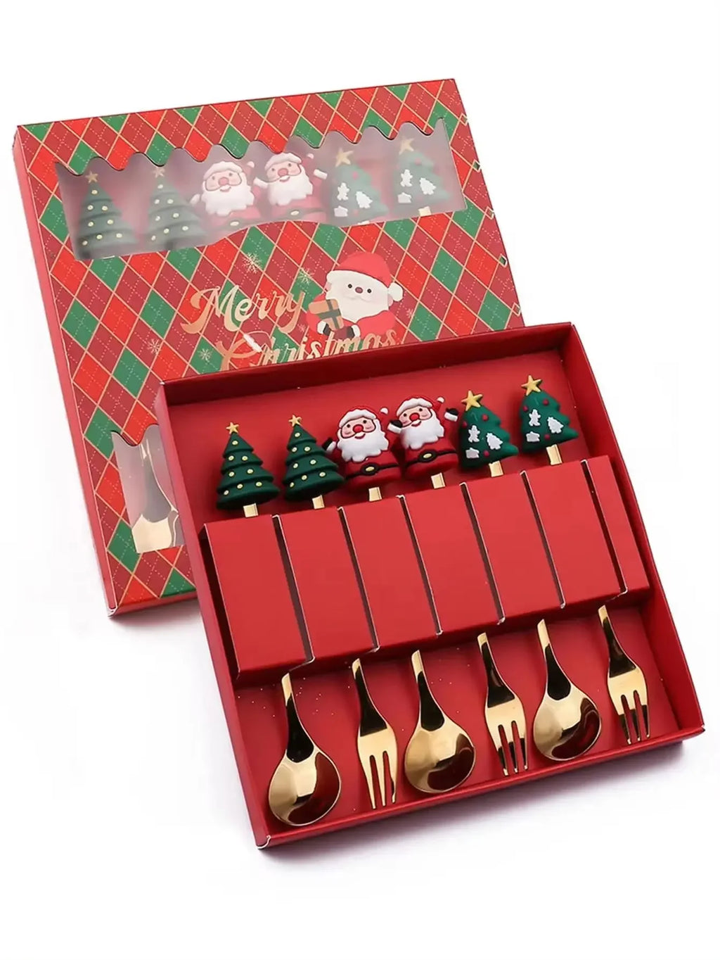 Set of Christmas-themed mini gold forks and spoons in a decorative box.