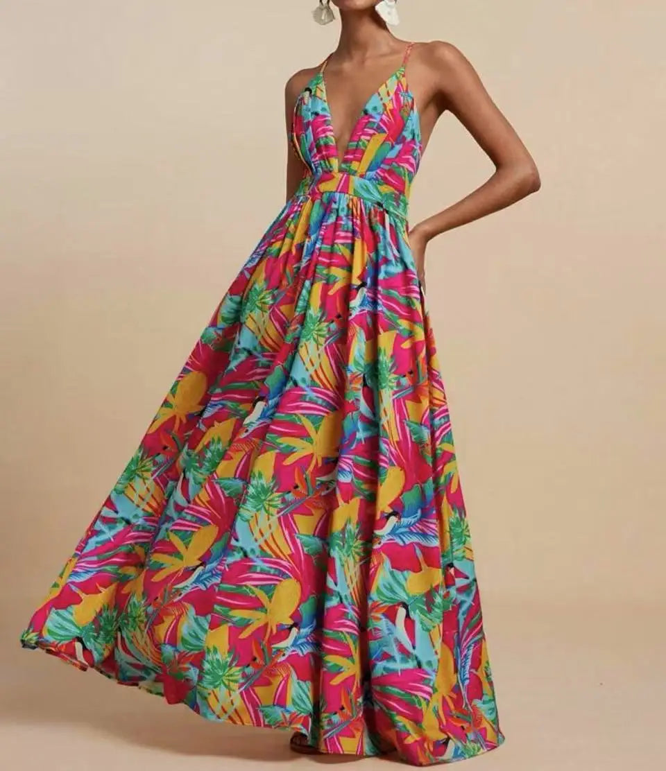 Printed Halter Maxi Dress Set - Bold V-Neck Summer Dress