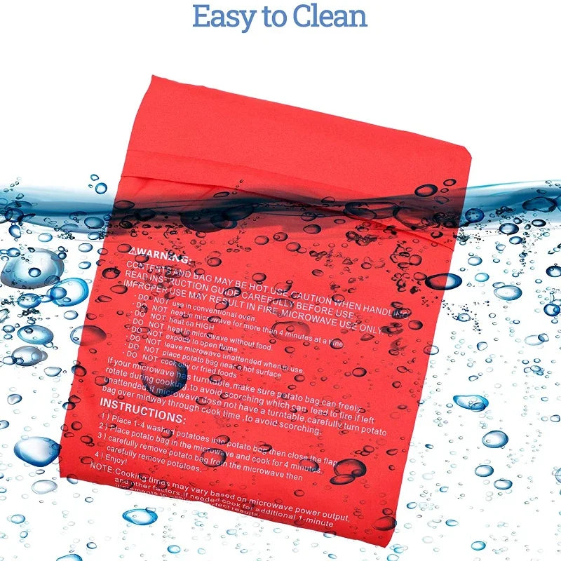 Red microwaveable potato bag with water droplets and 'Easy to Clean' text on a white background