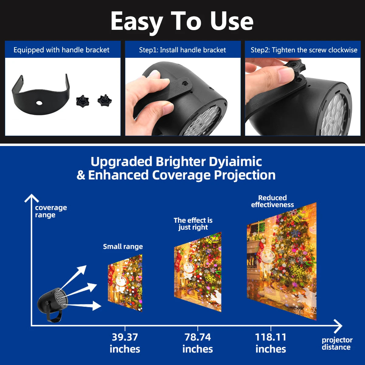 Product installation guide with features and benefits on a blue background