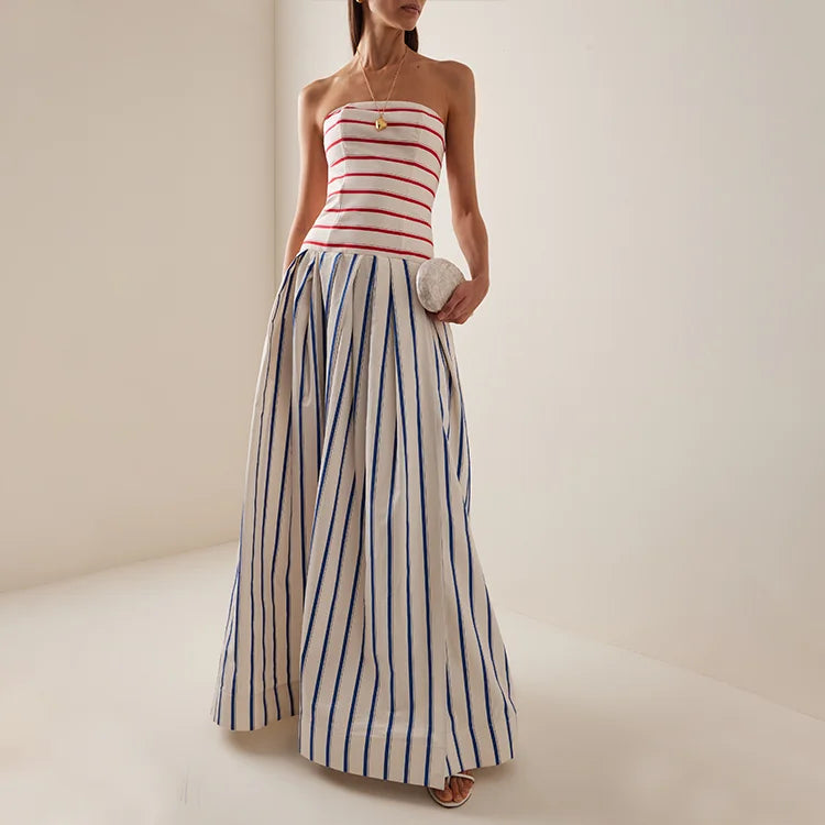 Striped Print Off-Shoulder Sling Maxi Dress