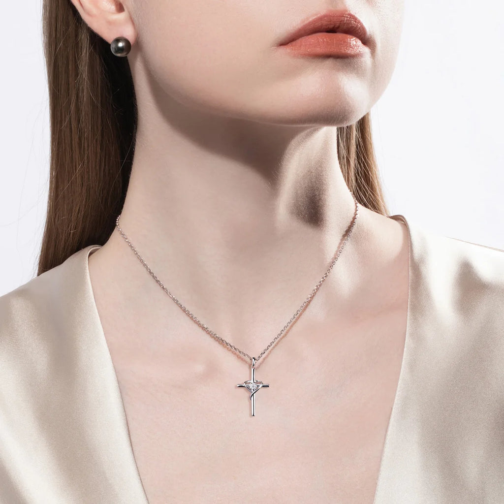 Moissanite Cross Heart Pendant Necklace - 925 Silver 18K Gold Plated