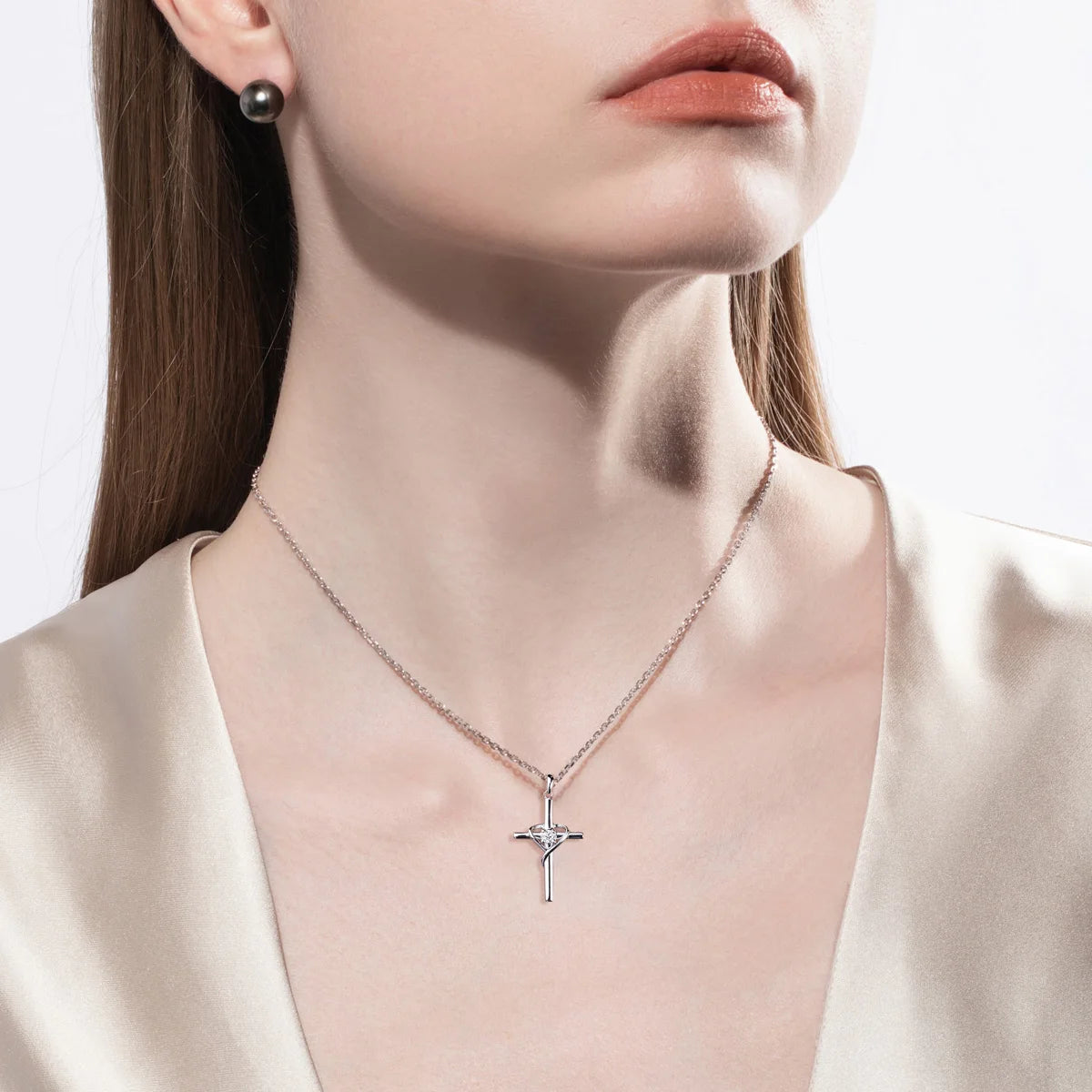 Moissanite Cross Heart Pendant Necklace - 925 Silver 18K Gold Plated