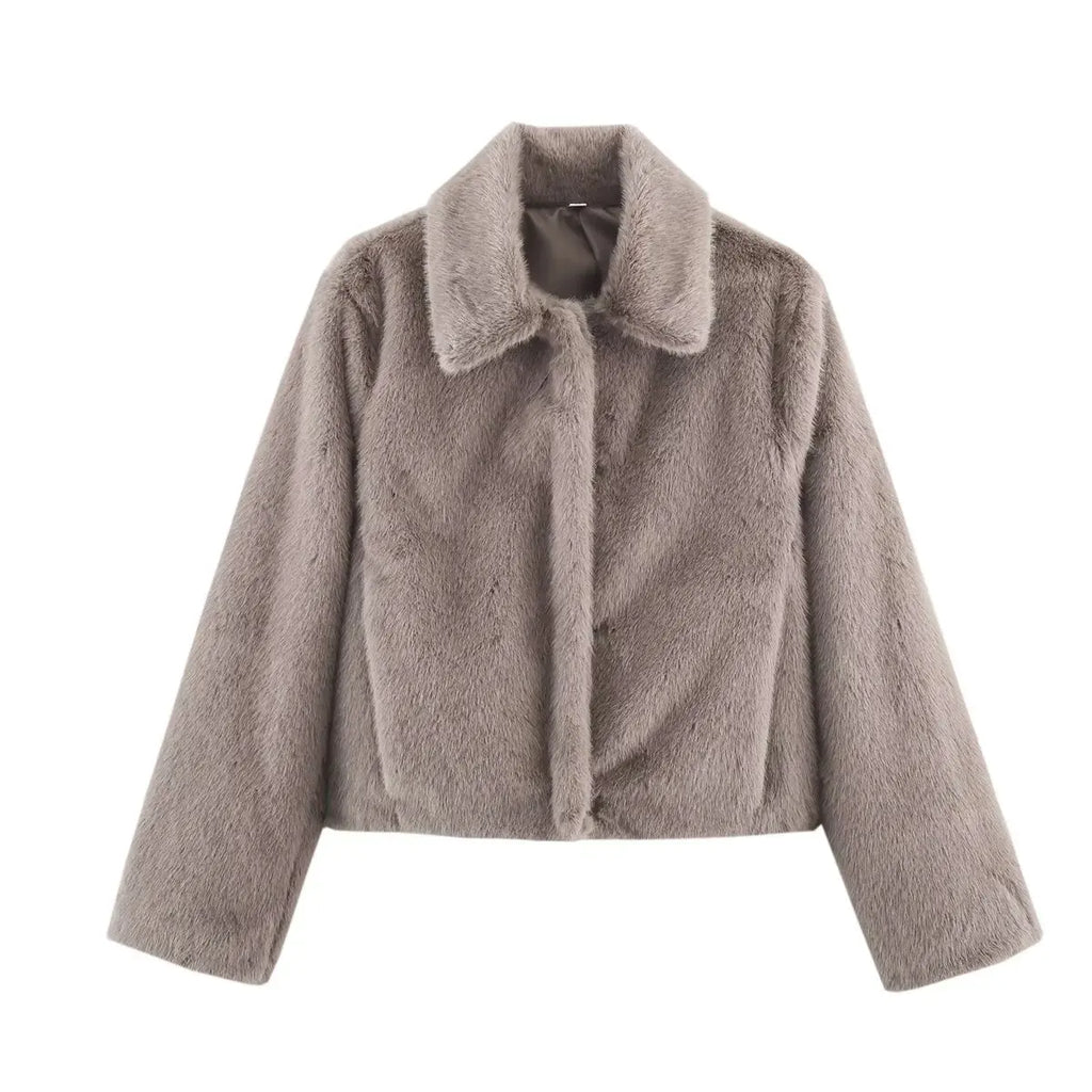 Brown faux fur jacket on a white background