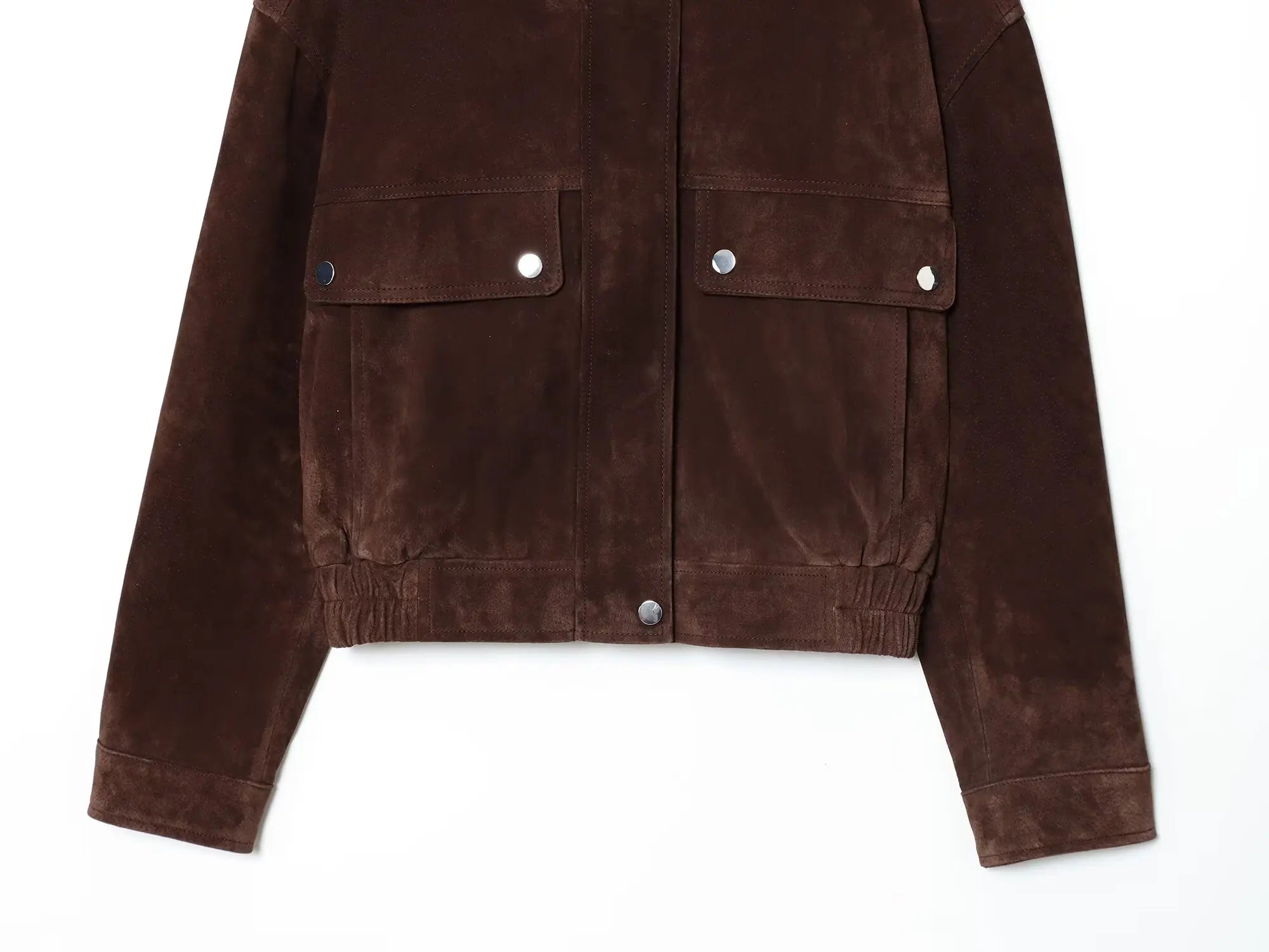 Brown suede jacket with button details on a white background