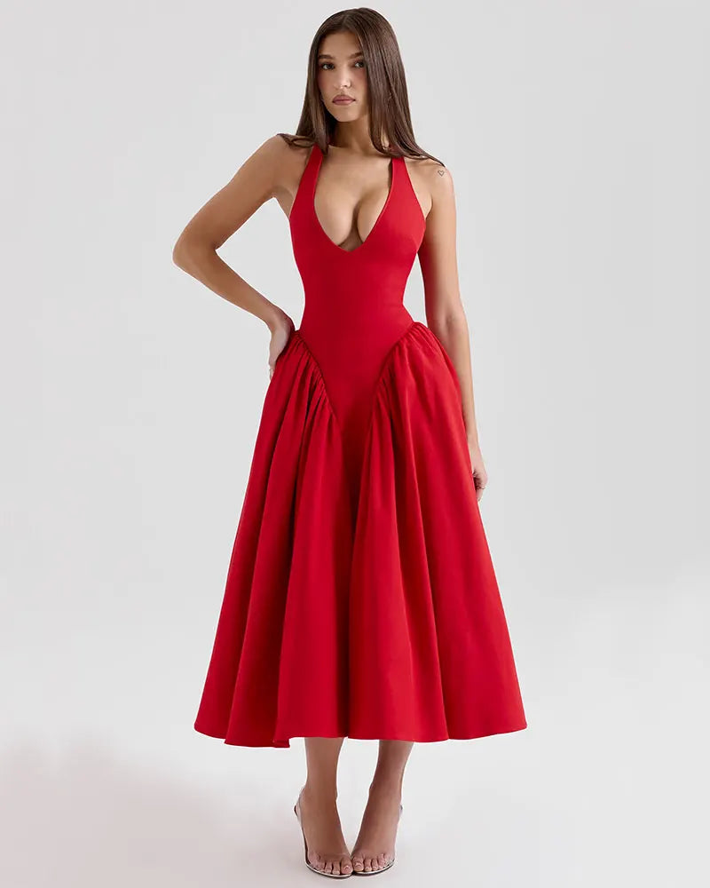 Backless Halter Midi Dress - Cottagecore Style