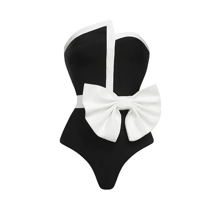 3D Bow-Tie Decor Swimsuit - Black and White Beachwear