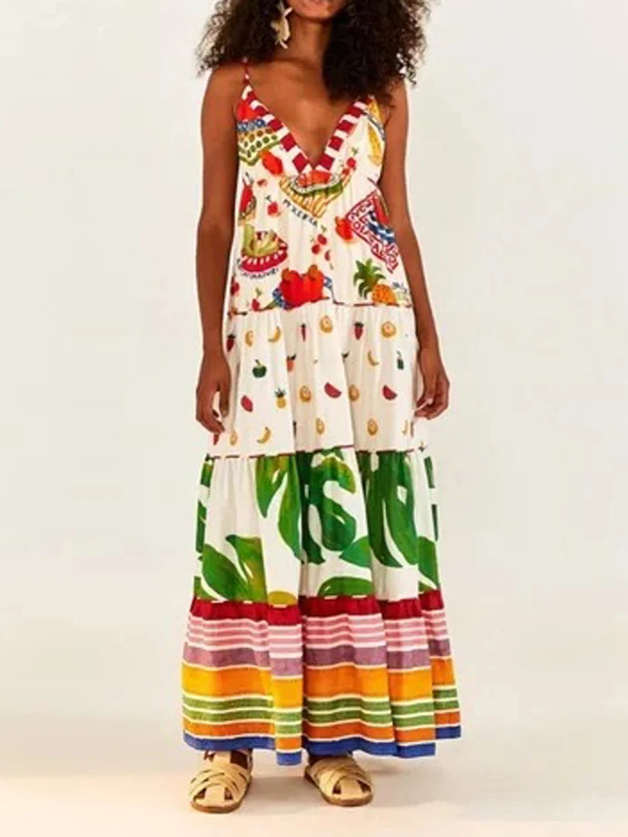 Tropical Fruit Print Maxi Dress - Spaghetti Strap Backless Summer Dress