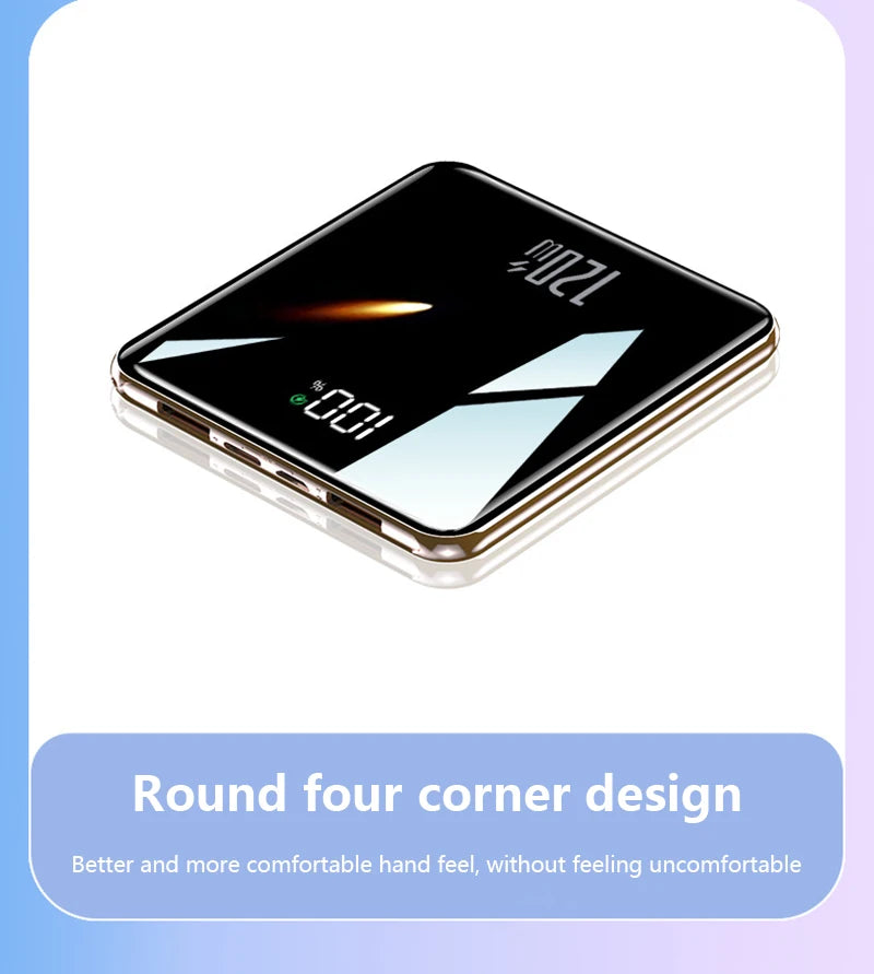 Digital power bank with round four corner design on a light blue background