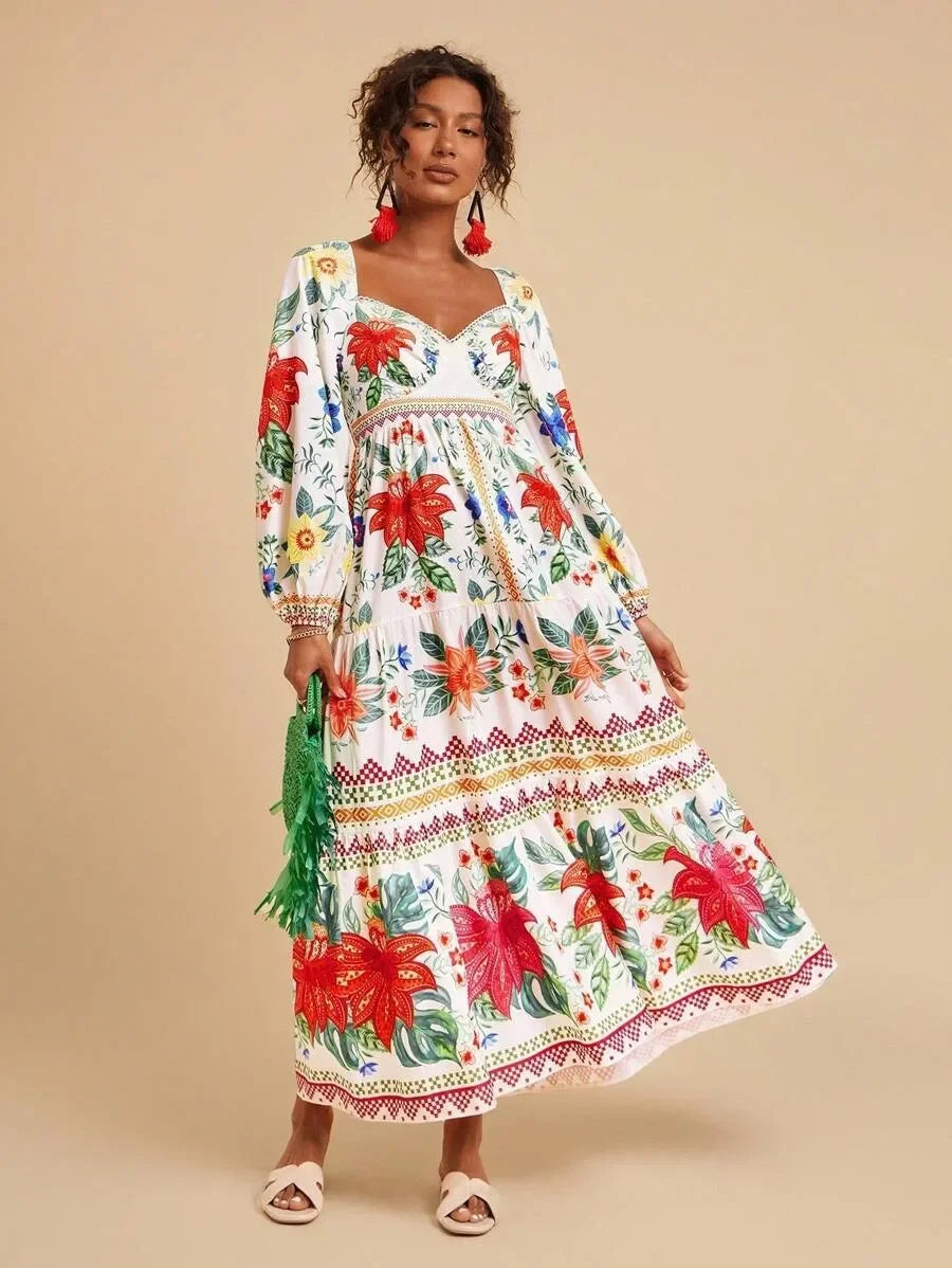 Floral Print V-Neck Maxi Dress - Long Sleeve Empire Waist