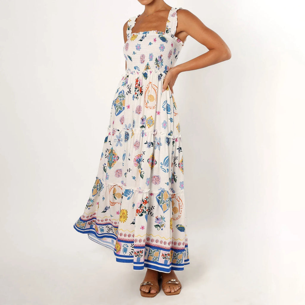 Woman wearing a floral dress on a white background