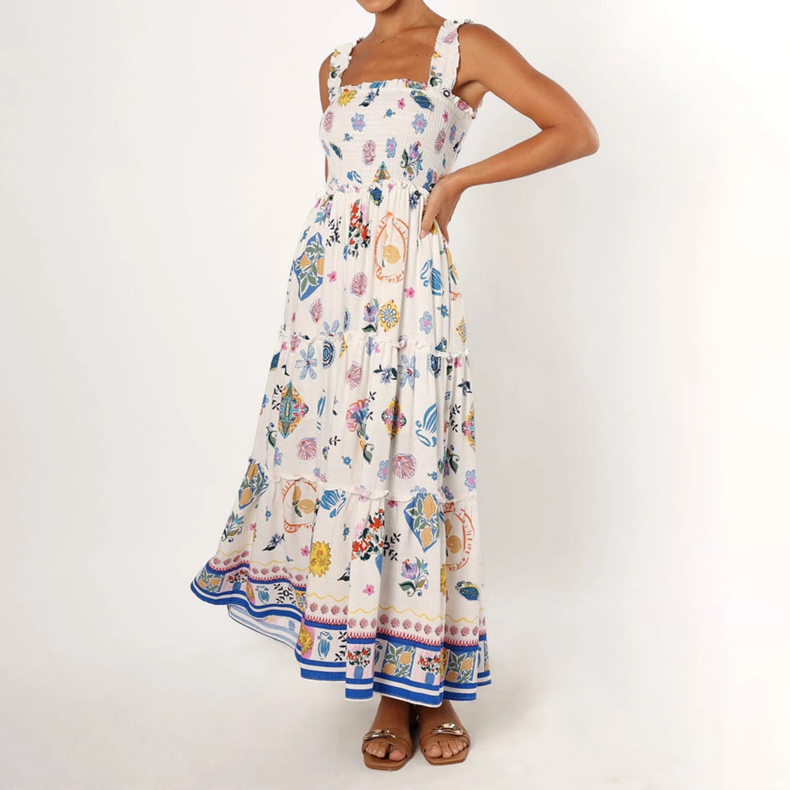 Woman wearing a floral dress on a white background