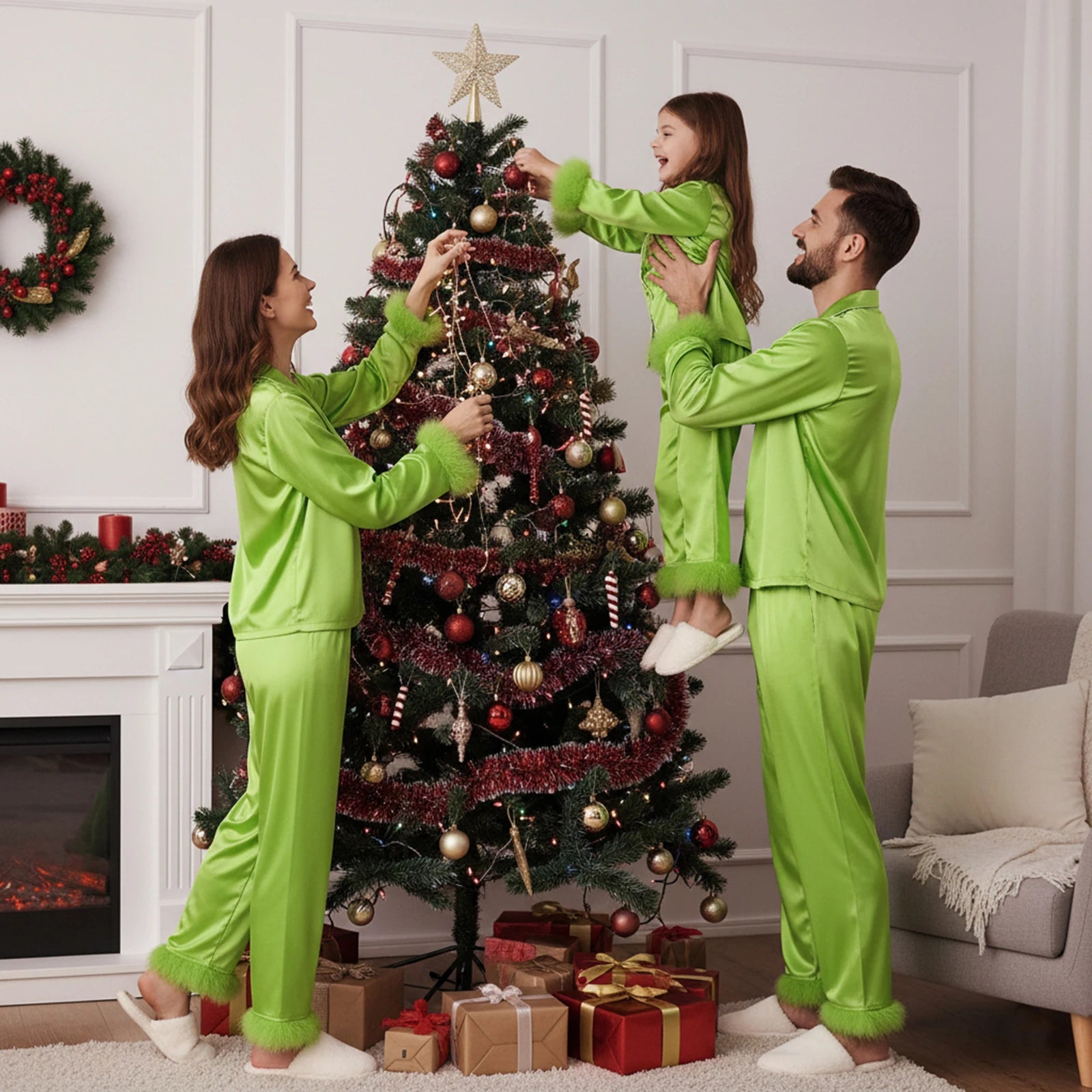 Family in matching green outfits decorating a Christmas tree in a living room.