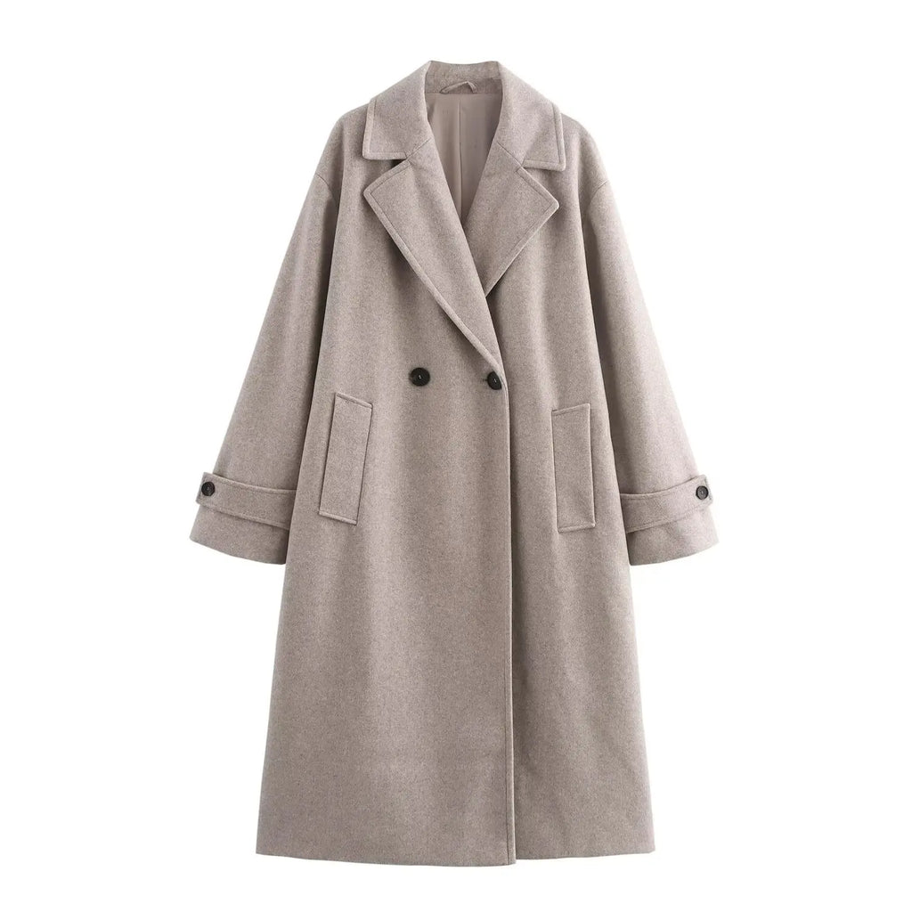 Beige overcoat with black buttons on a white background