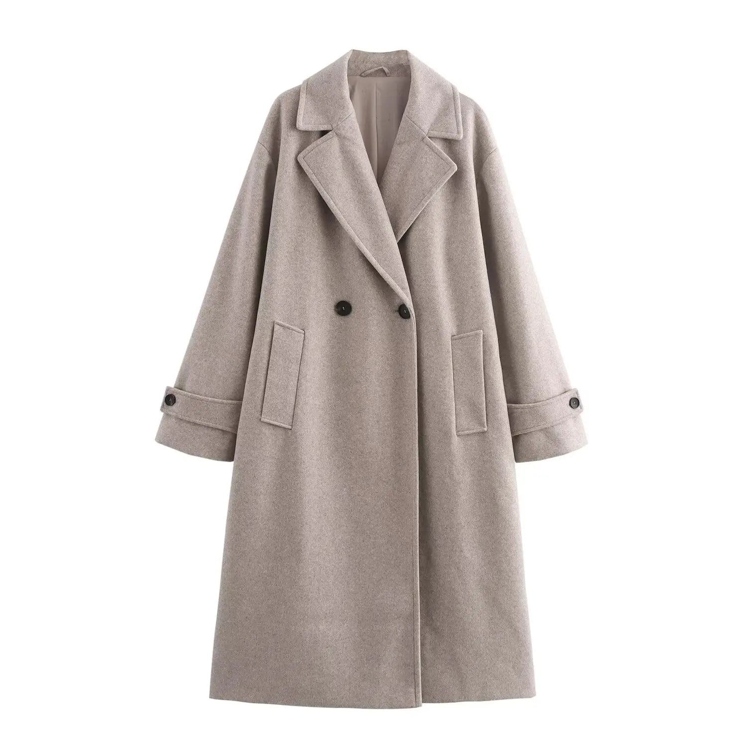 Beige overcoat with black buttons on a white background