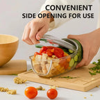 Glass container with vegetables on a wooden cutting board, text 'CONVENIENT SIDE OPENING FOR USE'.