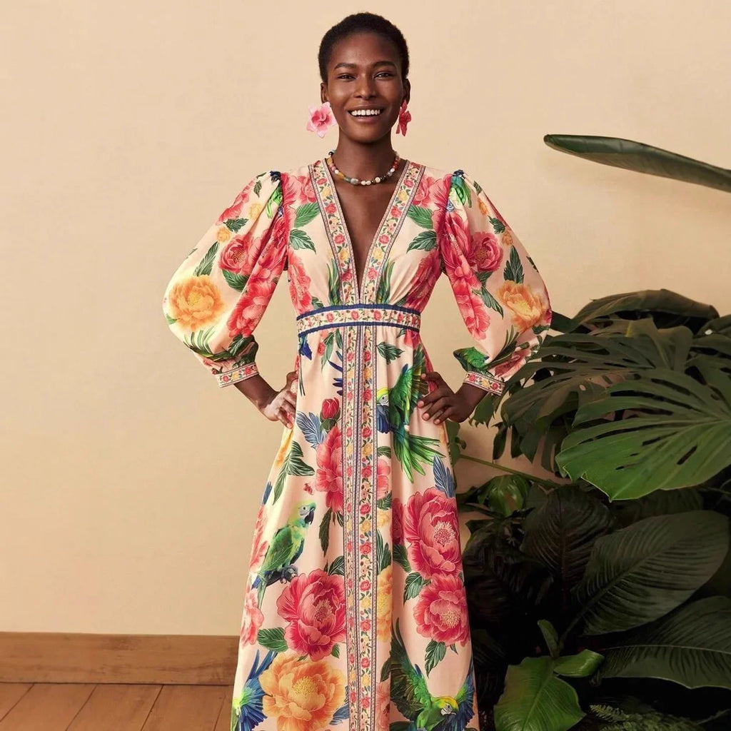 Bohemian Lantern Sleeve Midi Dress - V-Neck Loose Fit Dress