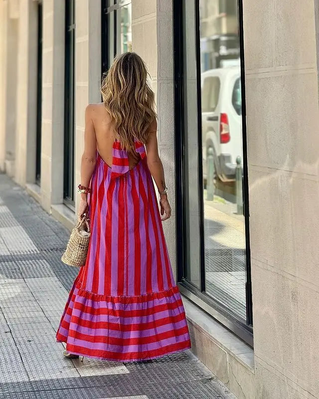 Striped Halter Neck Maxi Dress - Backless Lace-Up Vacation Dress