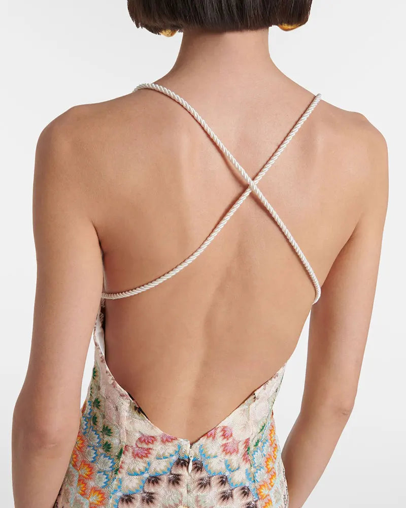 Crochet Halter Maxi Dress - V-Neck Backless Knit Dress