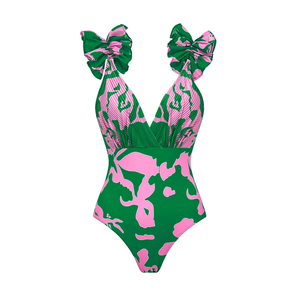 Ruffle Shoulder Print Swimsuit - Elegant Beachwear