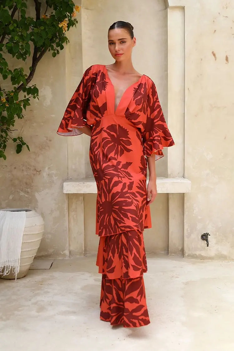 Bandeau Blossom Print Maxi Dress - Ruffle Dolman Sleeve