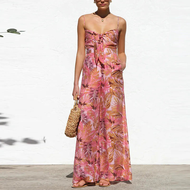 Off-Shoulder Tie-Up Jumpsuit - Wide Leg Pattern Print Romper