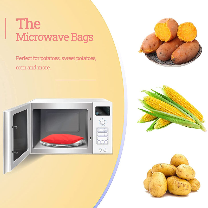 Promotional image for microwaveable bags with potatoes, sweet potatoes, corn, and a microwave.