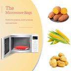 Promotional image for microwaveable bags with potatoes, sweet potatoes, corn, and a microwave.