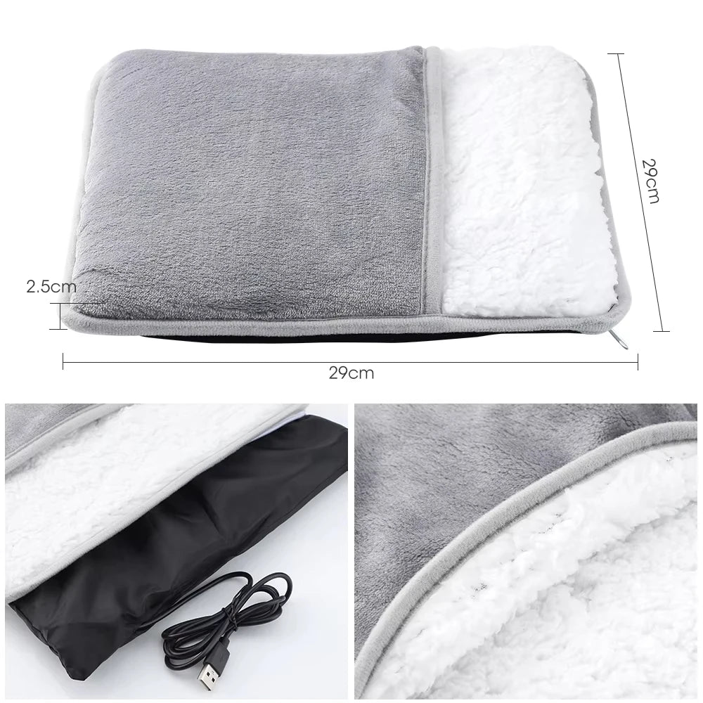 Gray and white electric heating pad with measurements and cable details.