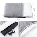 Gray and white electric heating pad with measurements and cable details.