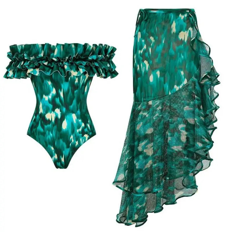 Bandeau Ruffled Swimsuit - Green Blooming Print Beachwear