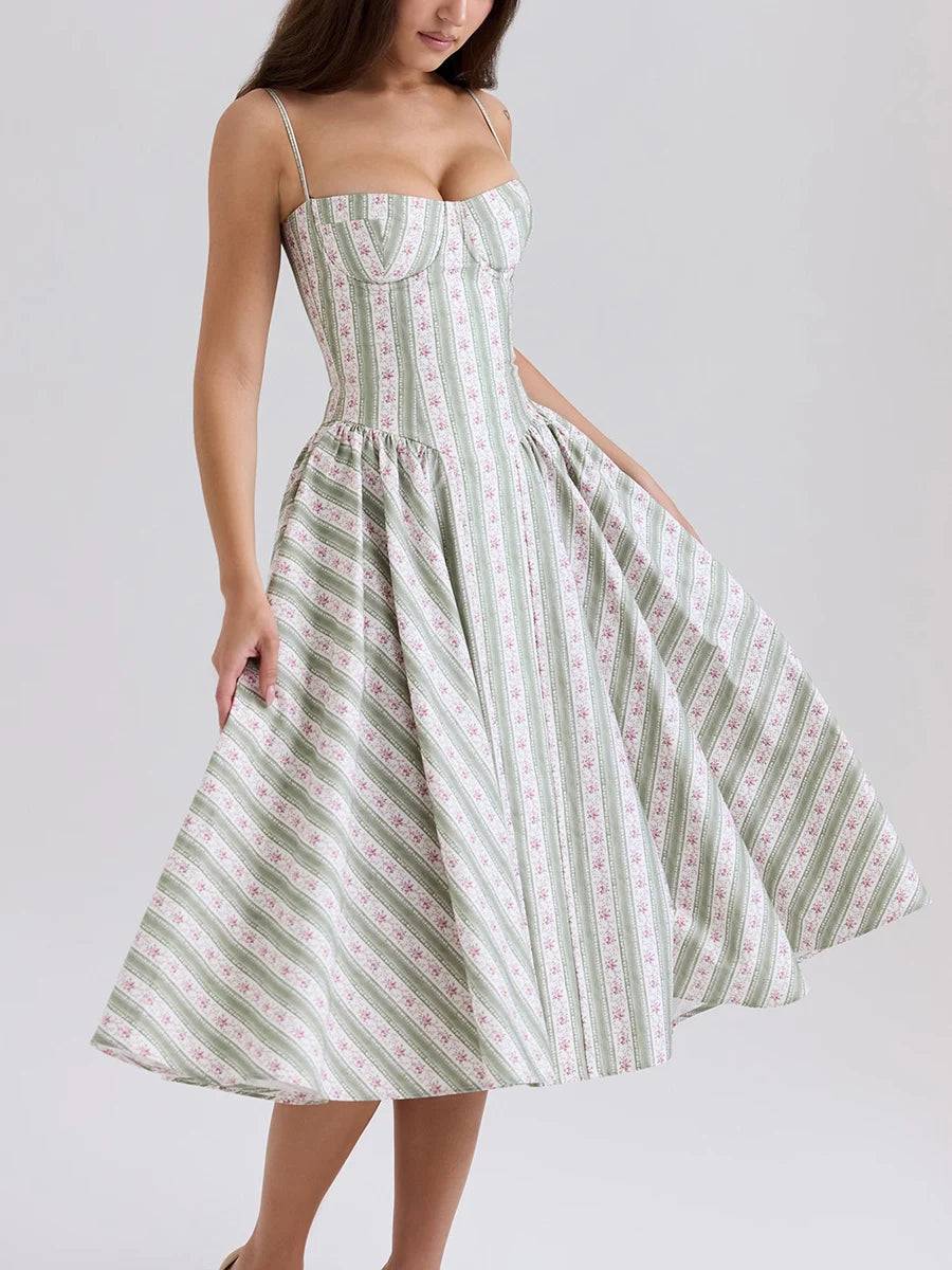 Green Striped Floral Midi Dress - Cottagecore Style