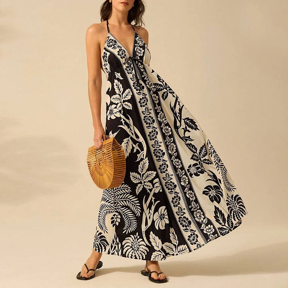 Graphic Print Halter Maxi Dress - Lace-Up Back Dress