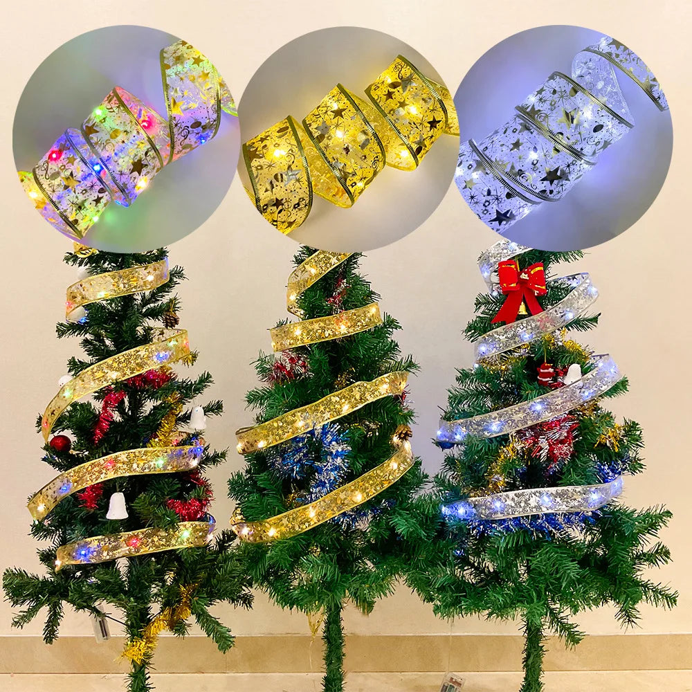 Three decorative Christmas trees with LED lights and ornaments on a beige background