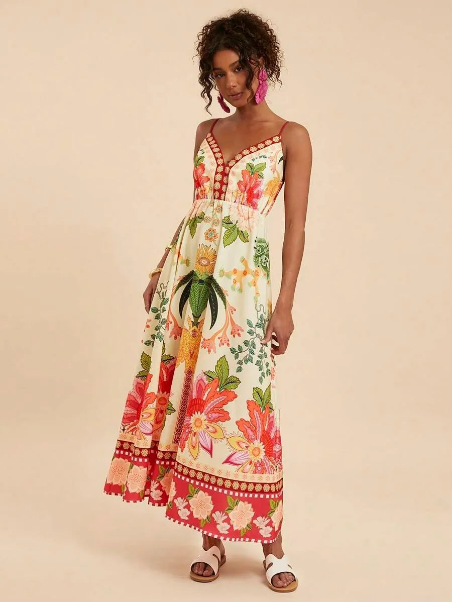Floral Print Off-Shoulder Maxi Dress - Spaghetti Strap A-Line