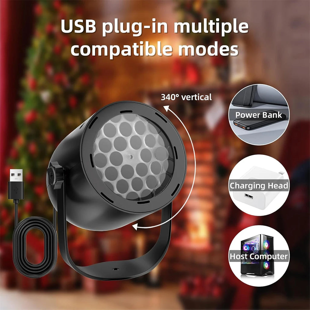 Black LED spotlight with USB cable on a blurred Christmas tree background, showing compatibility modes.